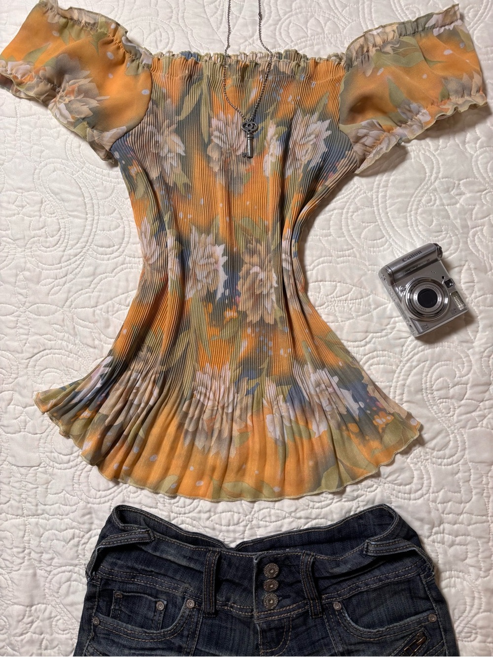 Floral Off-Shoulder Pleated Top - Orange